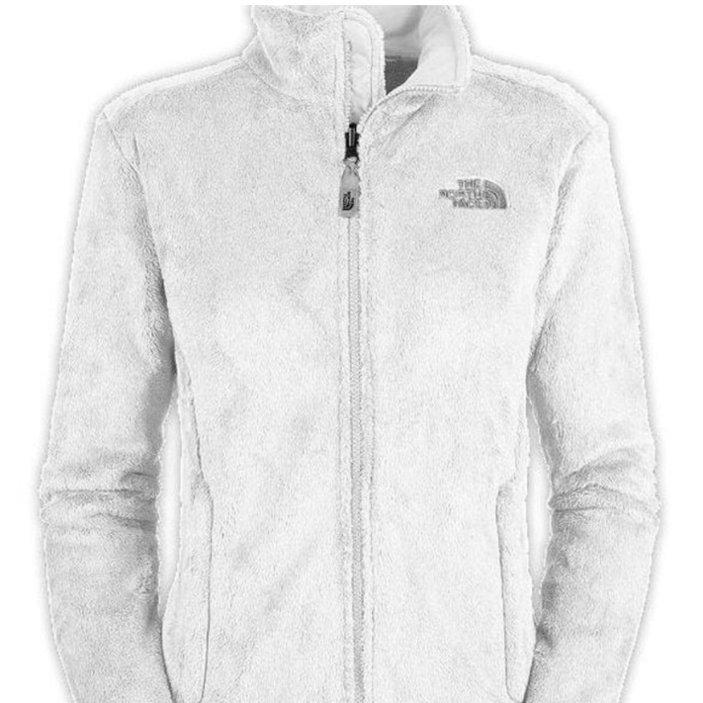 White fuzzy north face zip up jacket